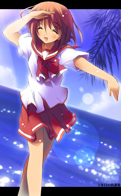 kantoku, komaki manaka, to heart (series), to heart 2, 00s, 1girl, closed eyes, day, female focus, letterboxed, ocean, outdoors, palm tree, pleated skirt, school uniform, serafuku, skirt, solo, tree, water, wind