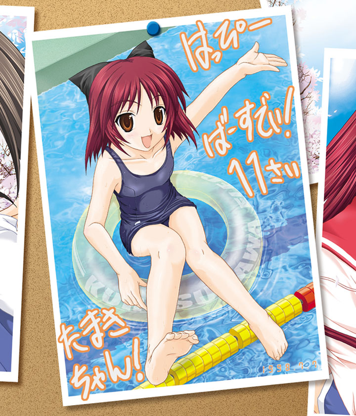 map (blue catty), kousaka tamaki, to heart (series), to heart 2, translation request, 00s, 1girl, :d, afloat, aged down, barefoot, blush, bow, brown eyes, dated, feet, female focus, flat chest, hair bow, happy, innertube, lane line, one-piece swimsuit, open mouth, photo (object), pool, red hair, school swimsuit, short hair, smile, soles, solo, swim ring, swimsuit, water