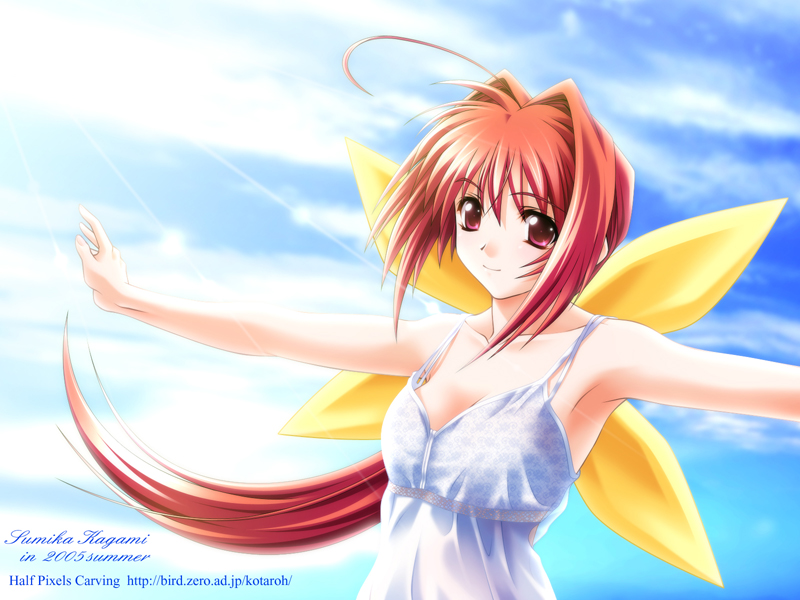 aizawa kotarou, kagami sumika, muv-luv, ahoge, armpits, camisole, long hair, pink eyes, ponytail, red hair, smile, solo