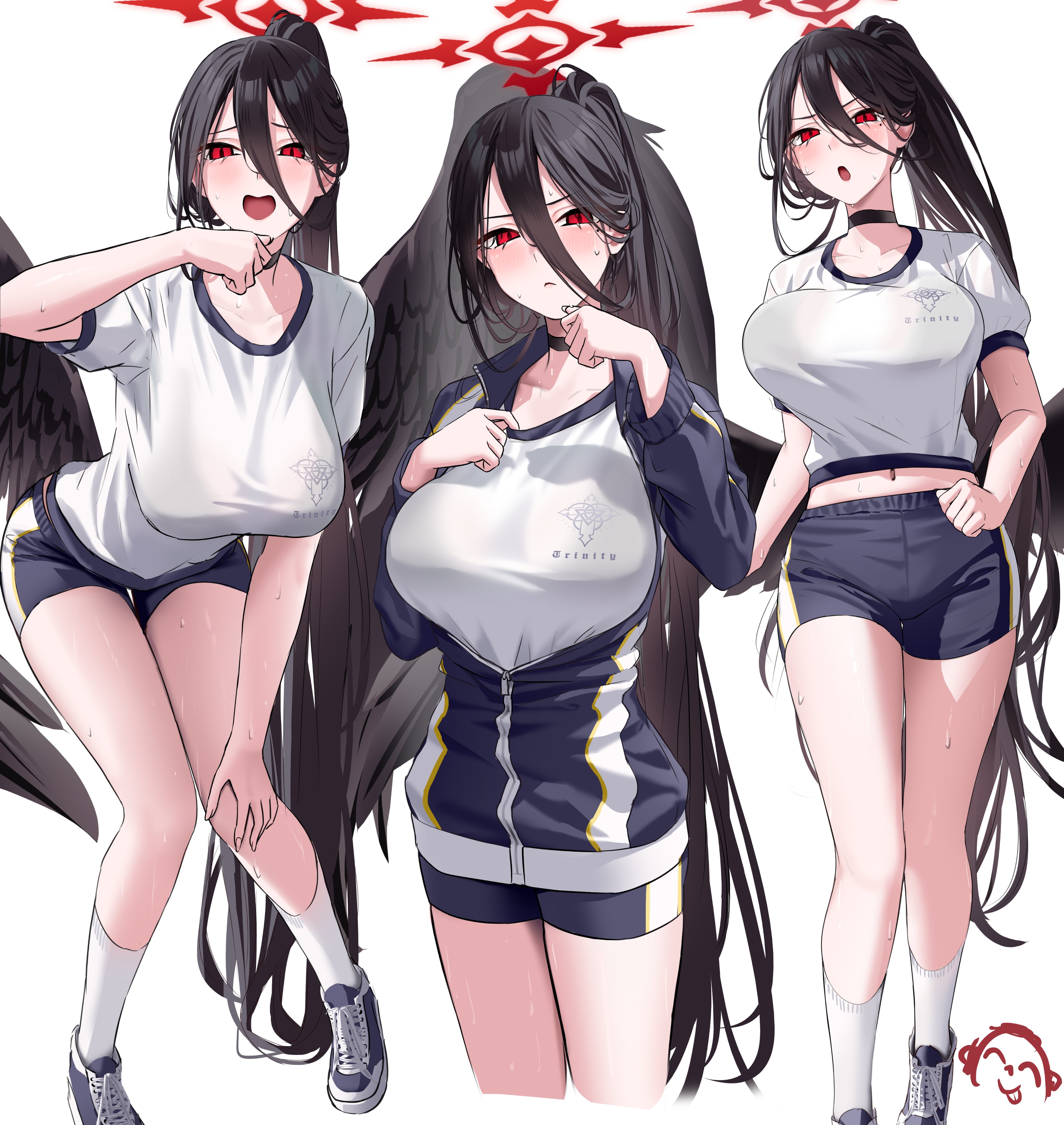 wanne, hasumi (blue archive), hasumi (track) (blue archive), blue archive, absurdres, commentary request, highres, 1girl, black choker, black hair, black wings, blue jacket, blush, breasts, choker, feathered wings, gym shirt, gym shorts, gym uniform, hair between eyes, halo, jacket, large breasts, long hair, long hair between eyes, loosely tucked bangs, low wings, midriff, mole, mole under eye, navel, official alternate costume, open mouth, oversized wings, partially unzipped, red eyes, red halo, shirt, shoes, shorts, sneakers, sweat, track jacket, very long hair, white background, wings
