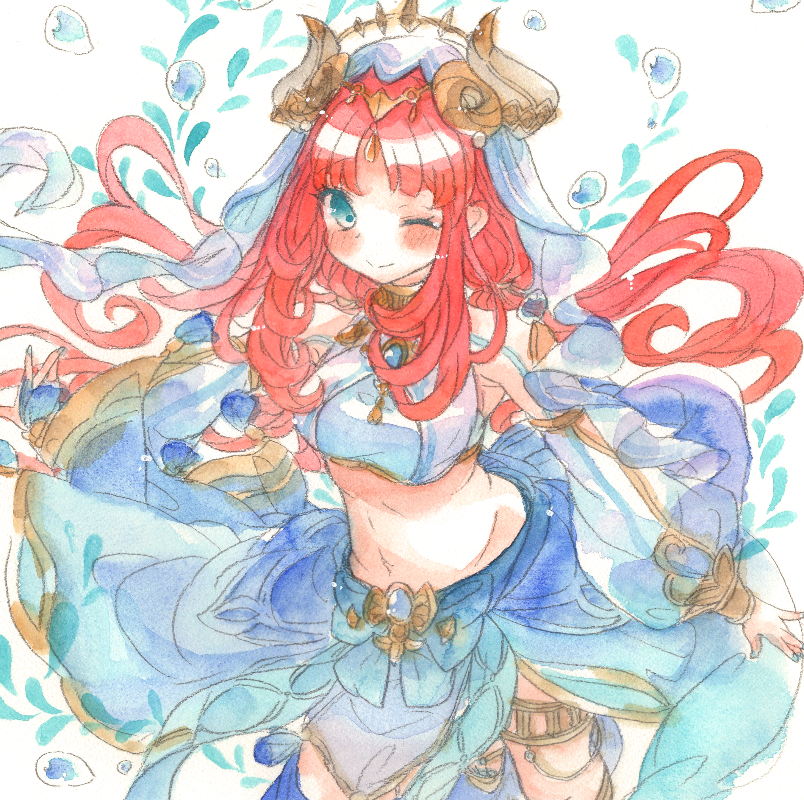 fina (sa47rin5), nilou (genshin impact), genshin impact, absurdres, commentary request, highres, 1girl, ;), aqua eyes, bare shoulders, blue skirt, blush, breasts, brown horns, cowboy shot, crop top, fake horns, gold trim, harem outfit, horns, jewelry, long hair, long sleeves, looking at viewer, low twintails, midriff, navel, one eye closed, puffy long sleeves, puffy sleeves, red hair, skirt, small breasts, smile, solo, thighlet, twintails, veil, white background, white veil