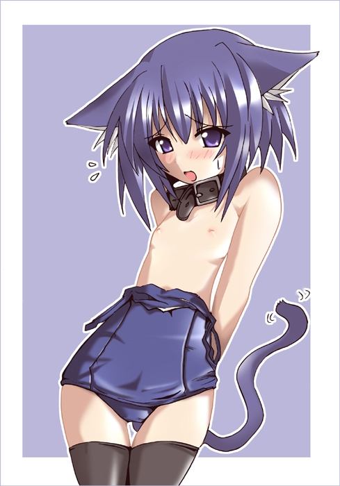 shirogane (platinum), copyright request, 1girl, animal ears, black thighhighs, cat ears, collar, female focus, loli, one-piece swimsuit, school swimsuit, solo, swimsuit, thighhighs