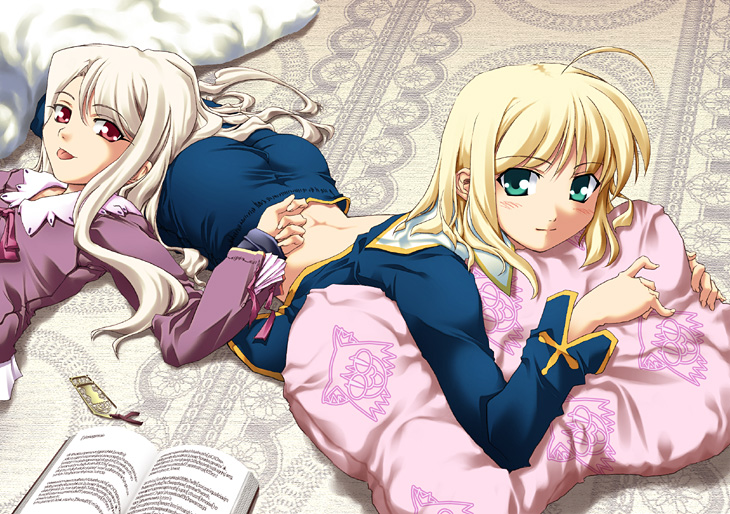 akari maki, artoria pendragon (fate), illyasviel von einzbern, saber (fate), fate/stay night, fate (series), 00s, 2girls, blonde hair, book, green eyes, hair down, lying, midriff, multiple girls, on stomach, pillow, tongue