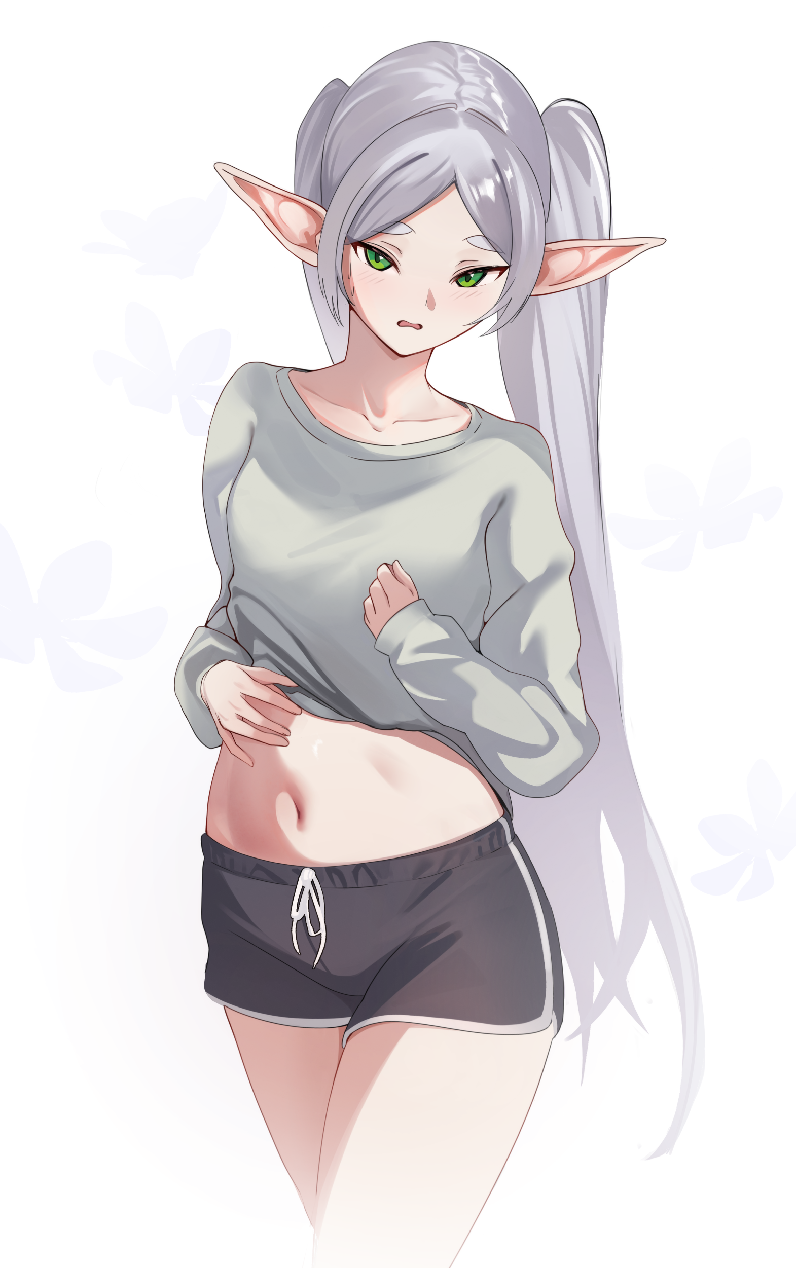 frieren, sousou no frieren, absurdres, highres, 1girl, alternate costume, black shorts, bolu06, dolphin shorts, elf, green eyes, grey hair, grey sweater, long hair, looking at viewer, navel, pointy ears, short shorts, shorts, simple background, solo, sweater, twintails, white background