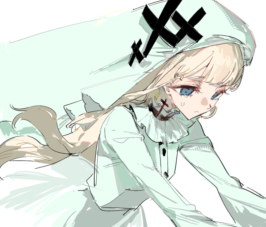 qyzhiaiyisheng, hikami meruru, mahou shoujo no majo saiban, 1girl, blonde hair, blue eyes, closed mouth, collared dress, cowboy shot, cross, cross earrings, dress, earrings, jewelry, long hair, long sleeves, magical girl, outstretched arms, simple background, solo, standing, tears, veil, white background, white dress