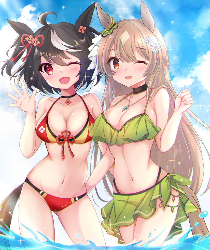terimuku, kitasan black (umamusume), satono diamond (umamusume), umamusume, commentary request, 2girls, ;d, ahoge, animal ears, bare arms, bare shoulders, bikini, black choker, black hair, blue sky, blush, braid, breasts, brown eyes, brown hair, choker, cleavage, cloud, cloudy sky, day, flower, green bikini, groin, hair between eyes, hair flower, hair ornament, horse ears, horse girl, horse tail, large breasts, long hair, looking at viewer, multicolored hair, multiple girls, navel, one eye closed, open mouth, outdoors, red bikini, red eyes, sky, smile, streaked hair, swimsuit, tail, two side up, very long hair, white flower, white hair
