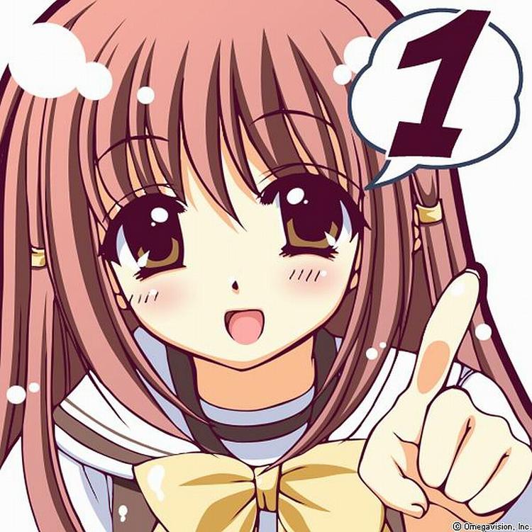 lisianthus, shuffle!, official art, 00s, 1girl, blush, bow, brown eyes, countdown, female focus, finger counting, open mouth, red hair, school uniform, serafuku, solo, speech bubble