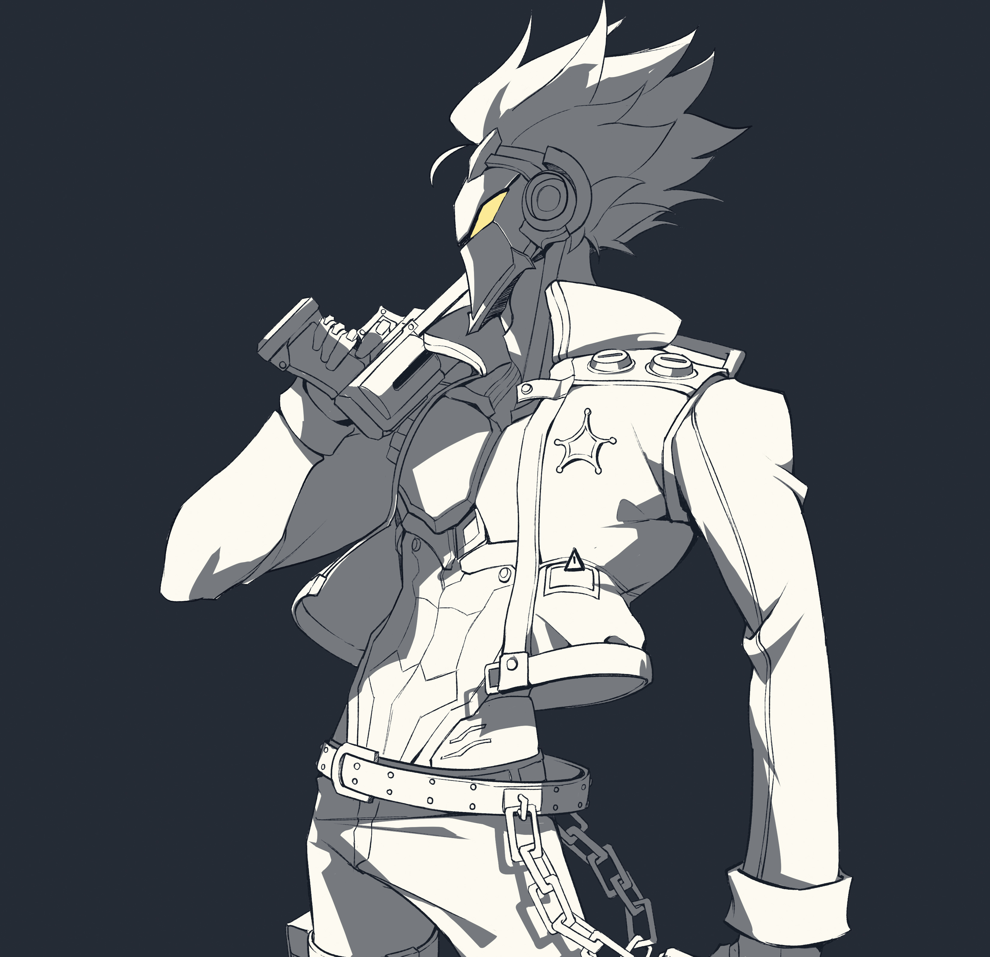 billy kid, zenless zone zero, absurdres, commentary, hashtag-only commentary, highres, 1boy, abs, arm up, bare pectorals, belt, belt buckle, buckle, chain, collarbone, collared jacket, from side, grey background, greyscale, gun, handgun, holding, holding gun, holding weapon, jacket, like0629521, long sleeves, male focus, monochrome, open clothes, open jacket, pants, pectorals, popped collar, profile, short hair, sleeve cuffs, solo, spot color, studded belt, weapon, yellow eyes