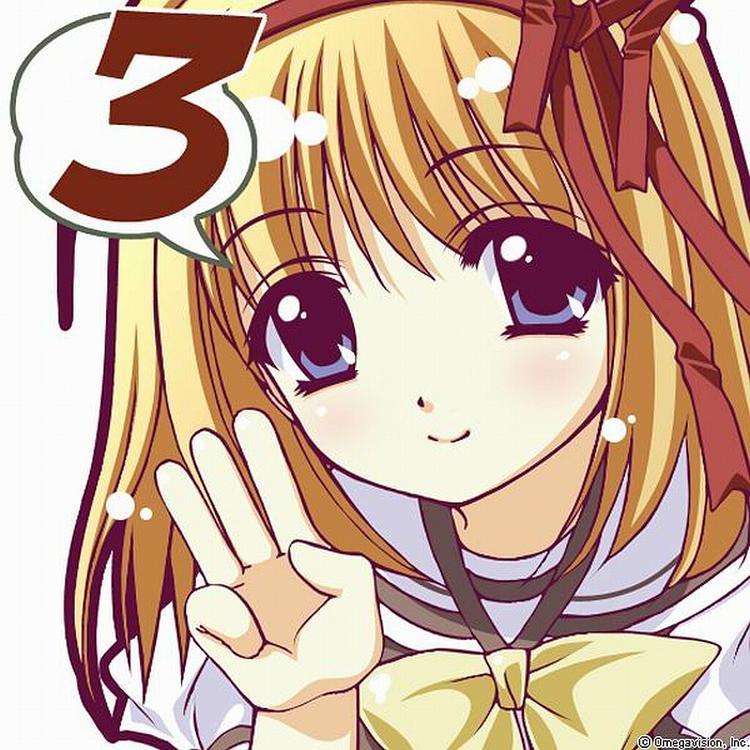 fuyou kaede, shuffle!, eyebrows, official art, 00s, 1girl, blonde hair, blue eyes, blush, bow, countdown, female focus, finger counting, ribbon, school uniform, serafuku, smile, solo, speech bubble, w