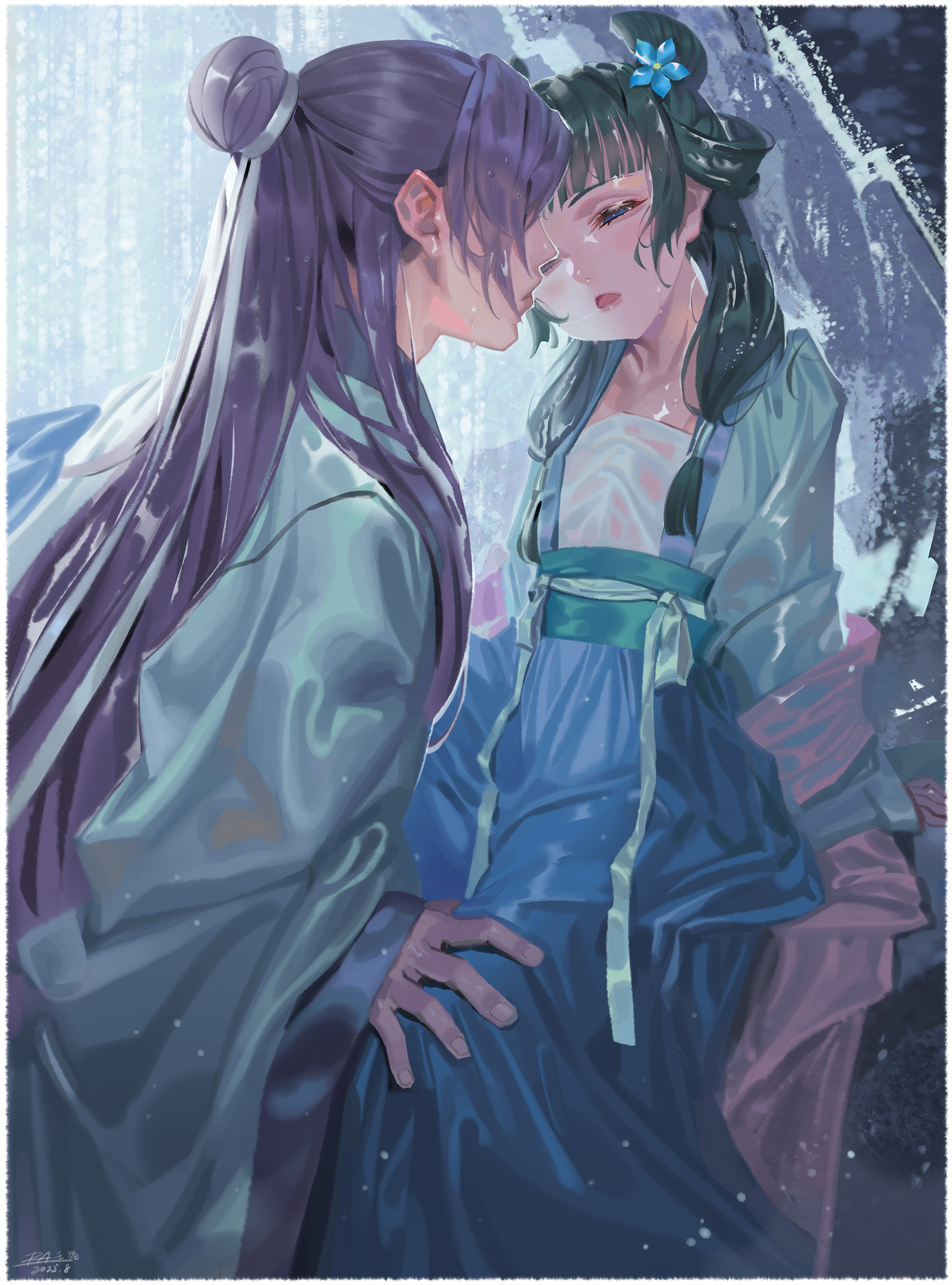 alphonse (white datura), jinshi (kusuriya no hitorigoto), maomao (kusuriya no hitorigoto), kusuriya no hitorigoto, absurdres, highres, revision, 1boy, 1girl, blunt bangs, blush, chinese clothes, flower, green hair, green robe, hair bun, hair flower, hair ornament, half-closed eyes, hand on another's leg, hanfu, long hair, long sleeves, looking at another, multi-tied hair, one eye closed, open mouth, purple hair, robe, see-through clothes, sitting, wet, wet clothes, wet hair, wide sleeves