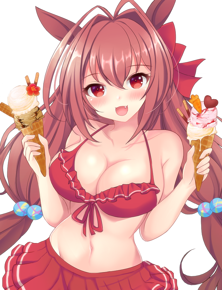terimuku, daiwa scarlet (trifle vacation) (umamusume), daiwa scarlet (umamusume), umamusume, commentary request, 1girl, :d, animal ears, antenna hair, bare arms, bare shoulders, bikini, blush, breasts, brown hair, cleavage, collarbone, fang, flower, food, frilled bikini, frills, groin, hair between eyes, hair bobbles, hair intakes, hair ornament, hands up, holding, holding food, horse ears, ice cream, ice cream cone, large breasts, long hair, looking at viewer, multiple scoops, navel, official alternate costume, official alternate hairstyle, open mouth, pocky, red bikini, red eyes, red flower, simple background, smile, solo, swimsuit, twintails, very long hair, white background