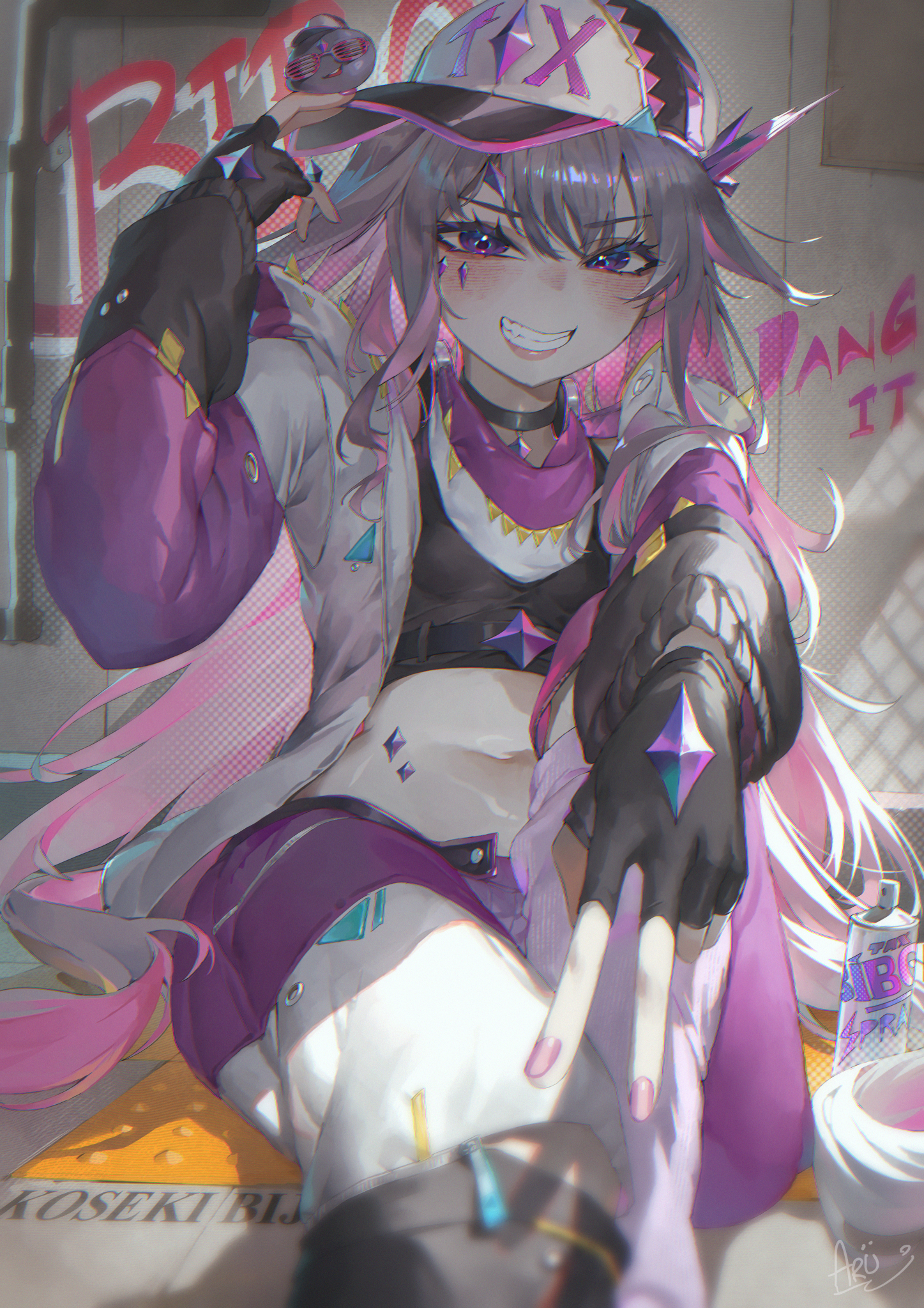 arupaoka, koseki bijou, pebble (koseki bijou), hololive, hololive english, highres, 1girl, artist name, baseball cap, black choker, black gloves, black jacket, character name, choker, colored inner hair, crop top, gem, gloves, graffiti, grey hair, grin, hat, jacket, jewel under eye, looking at viewer, material growth, multicolored hair, multicolored jacket, multicolored pants, navel, pants, pink hair, purple gemstone, purple jacket, purple pants, smile, spray can, teeth, virtual youtuber, white jacket, white pants, zipper, zipper pull tab