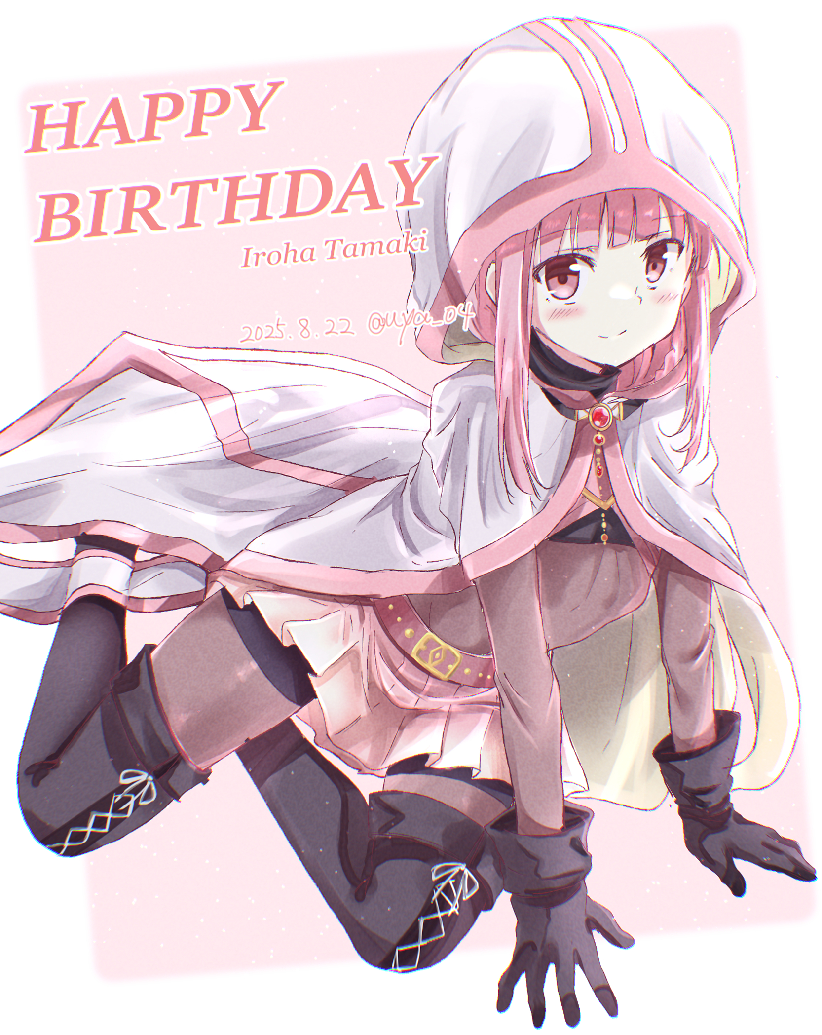 uya 04, tamaki iroha, magia record: mahou shoujo madoka magica gaiden, mahou shoujo madoka magica, highres, 1girl, all fours, belt, belt buckle, black boots, black gloves, blush, boots, braid, buckle, cloak, dated, gloves, happy birthday, jewelry, long hair, looking at viewer, magical girl, miniskirt, pink eyes, pink hair, pink skirt, skirt, smile, solo