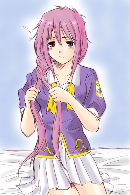 toshibou (satsukisou), sion eltnam (type-moon), sion eltnam atlasia, melty blood, tsukihime, 00s, 1girl, ascot, bed, braid, braiding hair, female focus, hair over shoulder, hairdressing, kneeling, long hair, purple eyes, purple hair, single braid, skirt, sleepy, solo, undone ascot