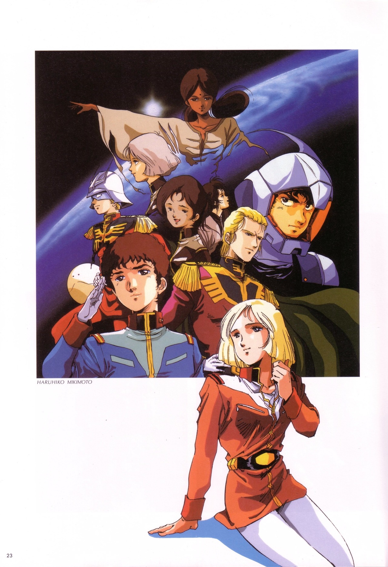 mikimoto haruhiko, amuro ray, bright noa, char aznable, haro, lalah sune, mirai yashima, sayla mass, char's counterattack, gundam, mobile suit gundam, 1980s (style), highres, magazine scan, official art, promotional art, scan, traditional media, 3boys, 3girls, belt, bindi, blonde hair, brown hair, combat helmet, dark skin, dual persona, earth (planet), earth federation, epaulettes, eye mask, helmet, indian, looking at viewer, mecha pilot suit, military uniform, multiple boys, multiple girls, neo zeon, non-humanoid robot, oldschool, pantyhose, pet, planet, retro artstyle, robot, salute, science fiction, signature, sitting, zeon