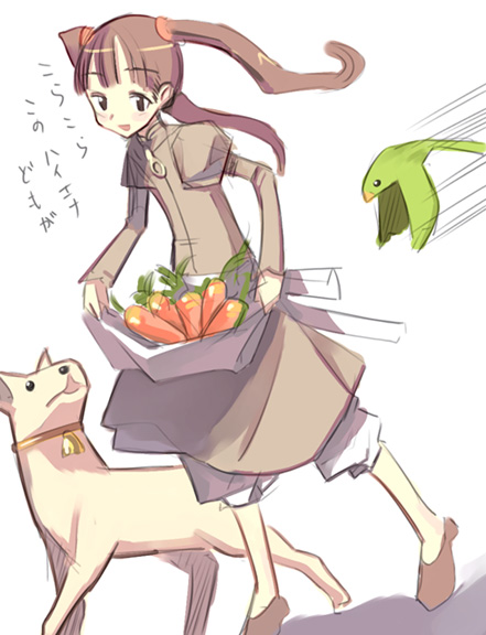 original, 1girl, bird, carrot, dog, female focus, solo, standing, twintails