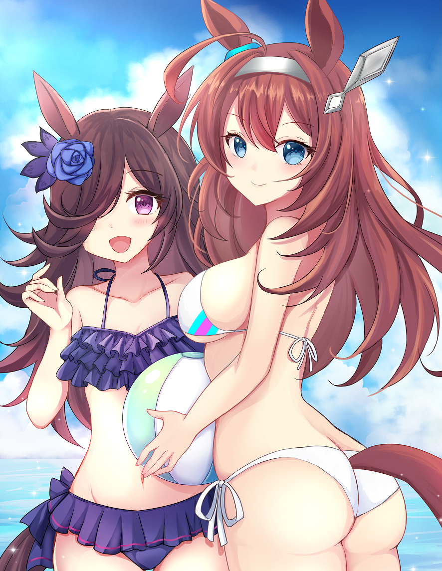 terimuku, mihono bourbon (umamusume), rice shower (umamusume), umamusume, commentary request, :d, animal ears, ball, bare arms, bare shoulders, beachball, bikini, blue eyes, blue flower, blue rose, blue sky, blush, breasts, cleavage, cloud, collarbone, day, flower, frilled bikini, frills, grey hairband, groin, hair between eyes, hair flower, hair ornament, hair over one eye, hairband, holding, holding ball, horizon, horse ears, horse girl, horse tail, medium breasts, navel, ocean, open mouth, outdoors, purple bikini, purple eyes, rose, side-tie bikini bottom, sky, small breasts, smile, swimsuit, tail, water, white bikini