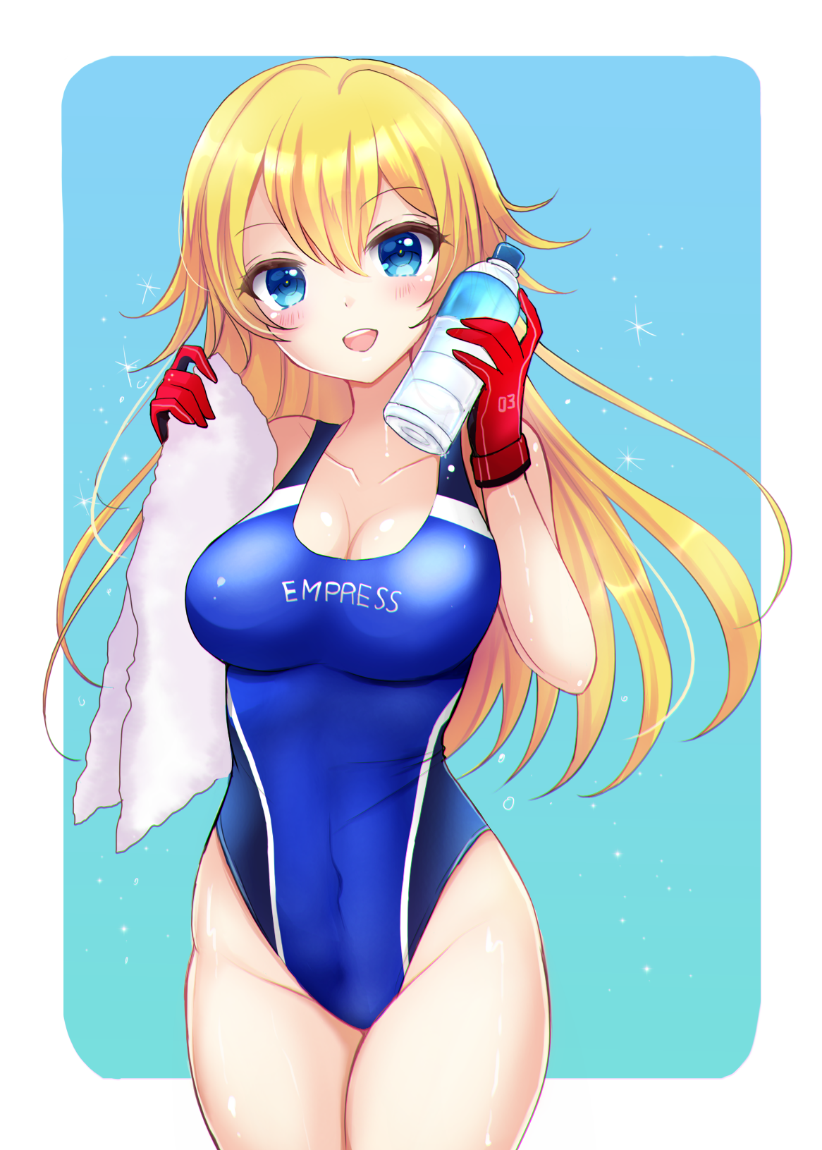 terimuku, code of joker, character request, commentary request, commission, highres, pixiv commission, 1girl, :d, bare shoulders, blonde hair, blue background, blue eyes, blue one-piece swimsuit, blush, bottle, bow, breasts, cleavage, collarbone, covered navel, cowboy shot, gloves, groin, hair between eyes, holding, holding bottle, holding towel, large breasts, long hair, looking at viewer, one-piece swimsuit, open mouth, red gloves, smile, solo, standing, swimsuit, teeth, towel, upper teeth only, very long hair, water bottle, white bow