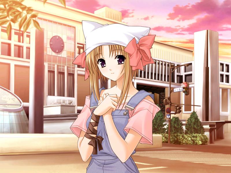 suzuhira hiro, shigure ama, shuffle!, game cg, 00s, 1girl, blue eyes, bow, female focus, hat, orange hair, outdoors, overalls, ribbon, short hair, smile, solo, sunset