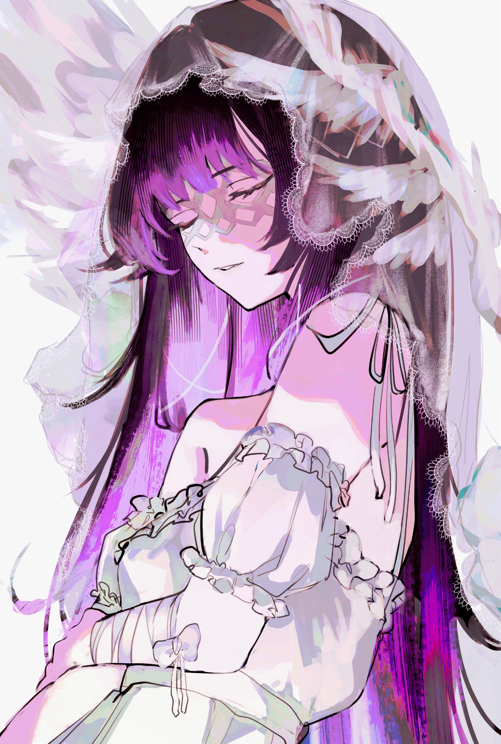 columbina (genshin impact), genshin impact, absurdres, highres, 1girl, arm at side, arm bow, armpit crease, bandaged arm, bandages, bare shoulders, black hair, bow, closed eyes, colored inner hair, detached sleeves, dress, eye mask, eyelashes, facing to the side, feathered wings, frilled sleeves, frills, hand on own arm, head wings, lace-trimmed veil, lace trim, long hair, multicolored hair, multiple wings, parted lips, pink hair, puffy sleeves, sa 3987, see-through clothes, see-through veil, solo, upper body, veil, white background, white bow, white dress, white mask, white mouth, white sleeves, white veil, white wings, wings