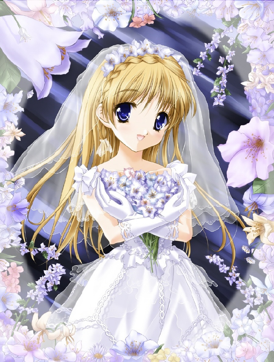 miyase mahiro, 1girl, blonde hair, blue eyes, bridal veil, bride, dress, flower, gloves, lace, lace-trimmed gloves, see-through clothes, solo, veil, wedding dress, white dress, white gloves