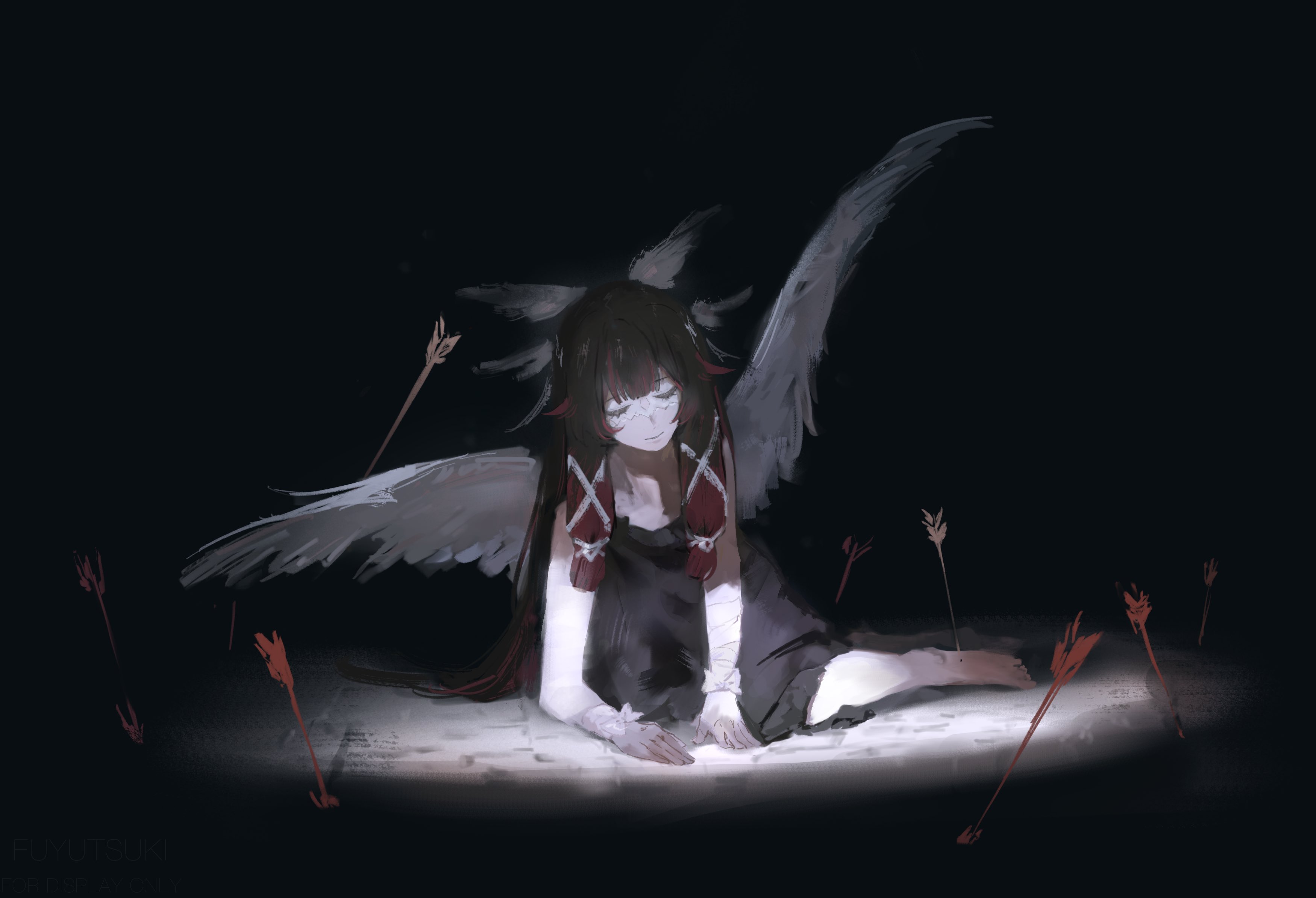 fuyutsuki11, columbina (genshin impact), genshin impact, absurdres, highres, 1girl, arm bow, arm support, arrow (projectile), bandaged arm, bandages, barefoot, black background, black hair, blunt bangs, blunt tresses, bow, closed eyes, closed mouth, dress, eye mask, eyelashes, facing viewer, feathered wings, hair ribbon, head wings, leaning forward, long hair, multicolored hair, multiple wings, open hands, planted, planted arrow, red hair, ribbon, smile, solo, spotlight, streaked hair, toes, tress ribbon, white bow, white dress, white mask, white ribbon, white wings, wings