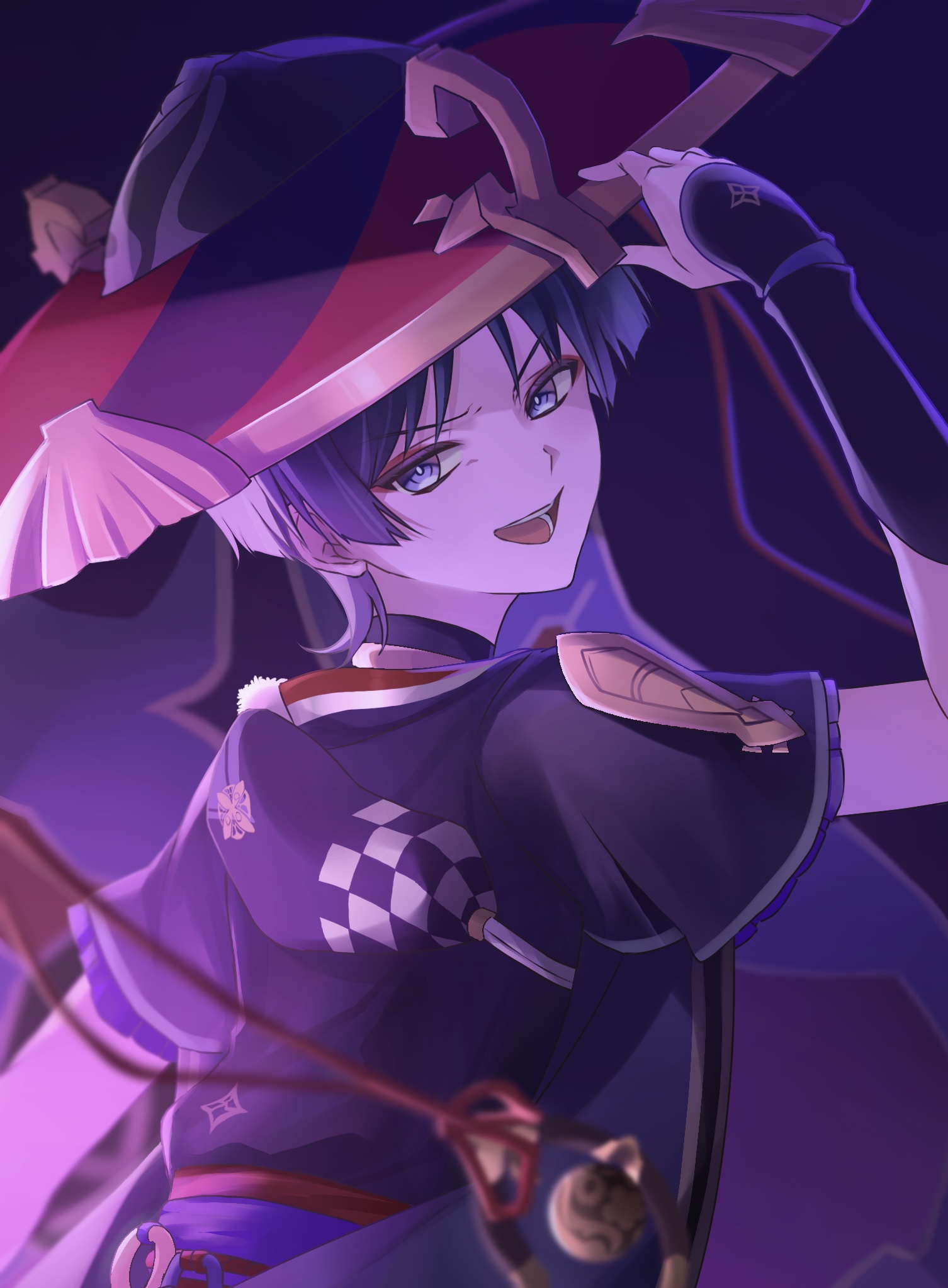 rui (yozakura043), scaramouche (genshin impact), genshin impact, highres, 1boy, arm at side, armor, black hat, black kimono, black mask, black sleeves, blunt ends, bright pupils, eyeliner, eyeshadow, frilled sleeves, frills, from behind, furrowed brow, gold, gold trim, hand up, hat, japanese armor, japanese clothes, jewelry, jingasa, kimono, kote, kurokote, layered sleeves, looking at viewer, looking back, makeup, male focus, mask on hat, neck ring, o-ring, open mouth, pom pom (clothes), purple background, purple bag, purple eyes, purple hair, purple sash, purple sleeves, purple veil, red eyeliner, red eyeshadow, red hat, red sash, sash, short sleeves, sidelighting, solo, teeth, tongue, tsurime, v-shaped eyebrows, veil, white pupils