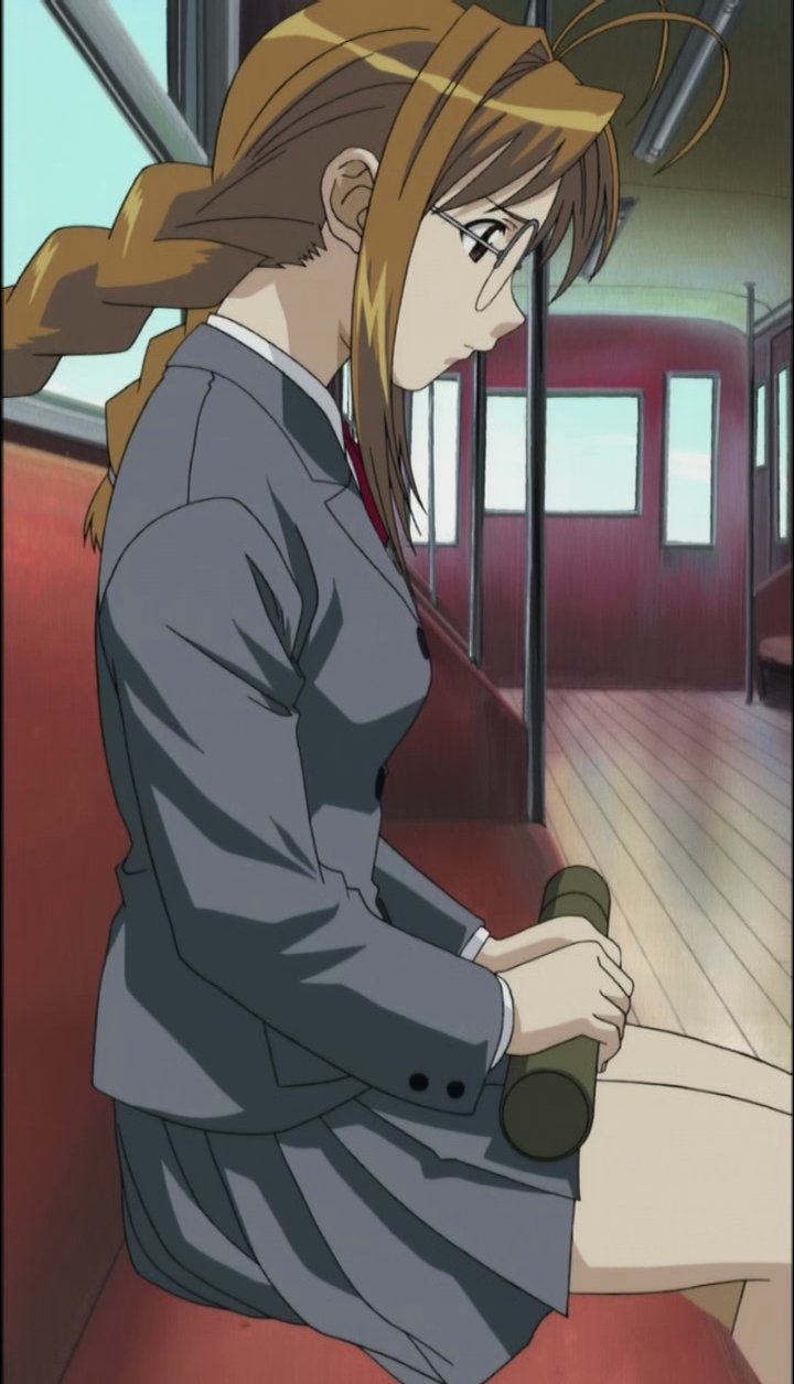 akamatsu ken, narusegawa naru, love hina, anime screenshot, highres, 1girl, ahoge, antenna hair, braid, female focus, from side, frown, glasses, jacket, long hair, long sleeves, miniskirt, over-rim eyewear, pleated skirt, school uniform, semi-rimless eyewear, serious, sitting, skirt, solo, train interior, twin braids