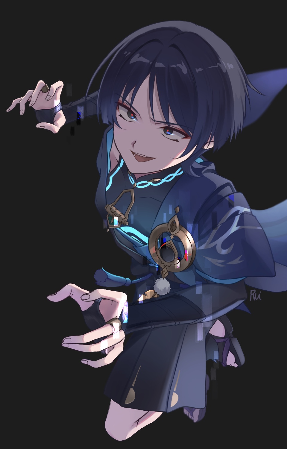 rui (yozakura043), scaramouche (genshin impact), wanderer (genshin impact), genshin impact, highres, 1boy, alternate color, armor, artist name, black background, black bodysuit, black bridal gauntlets, black cape, black gemstone, black hair, black kimono, black sandals, black shorts, blue kimono, blue sleeves, blunt ends, bodysuit, bridal gauntlets, bridal legwear, cape, covered collarbone, curled fingers, dark persona, eyeliner, eyeshadow, feathers, fingernails, furisode, gem, glitch, glowing markings, gold ring, hakama, hakama shorts, japanese armor, japanese clothes, juban, kimono, kote, kurokote, makeup, male focus, middle ring, open clothes, open kimono, pleated shorts, pom pom (clothes), purple eyes, red eyeliner, red eyeshadow, red pupils, sandals, short sleeves, shorts, shoulder peek, solo, stirrup legwear, tassel, toeless legwear, tsurime, vision (genshin impact), white trim, wispy bangs, yellow feathers, zouri