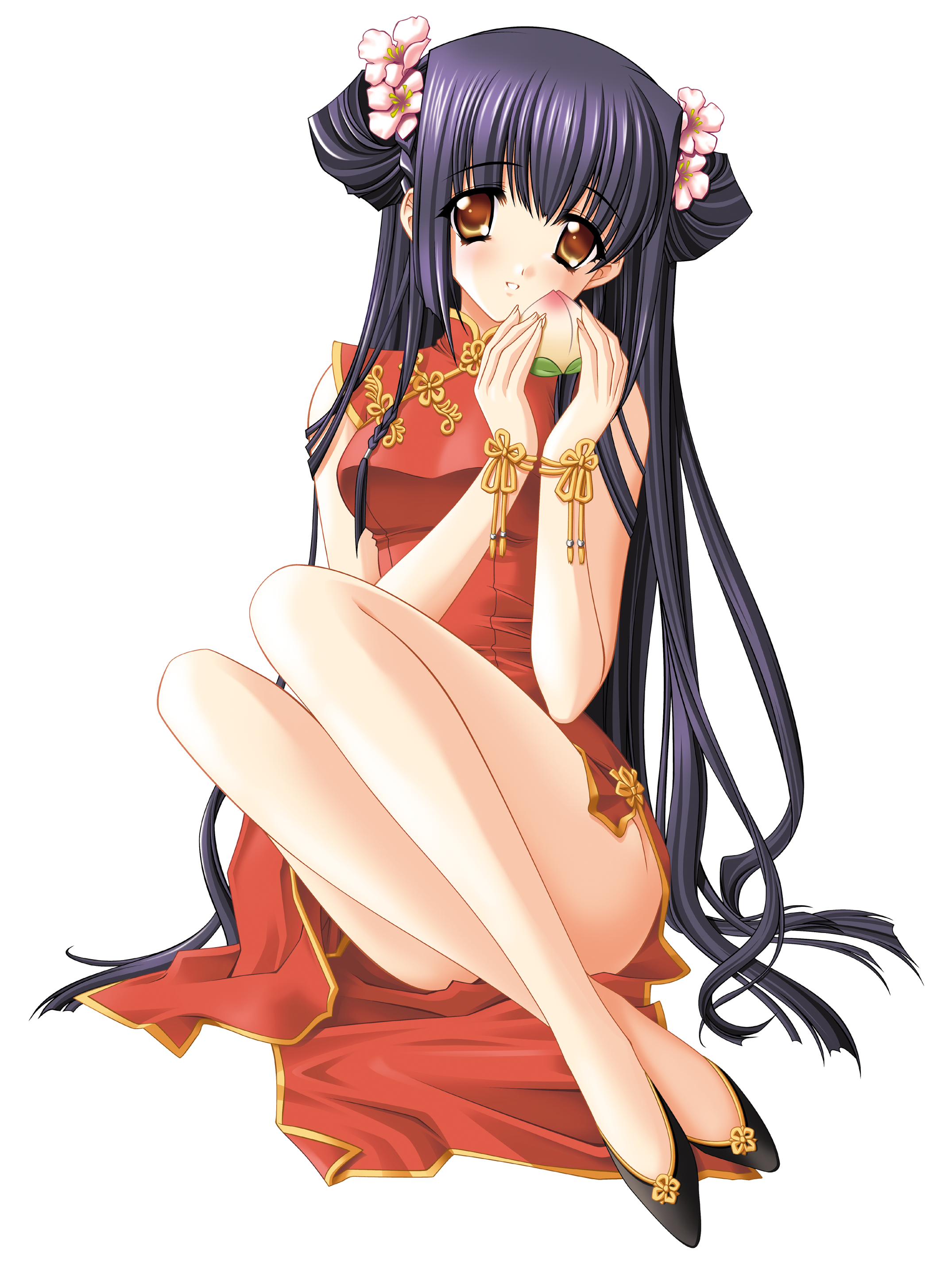 carnelian, kuraki suzuna, suzuna, kao no nai tsuki, absurdres, highres, 00s, 1girl, blue hair, blush, brown eyes, china dress, chinese clothes, crossed legs, dress, female focus, flower, food, fruit, hair flower, hair ornament, legs, long hair, looking at viewer, parted lips, peach, plantar flexion, purple hair, simple background, sitting, smile, solo, white background, yokozuwari