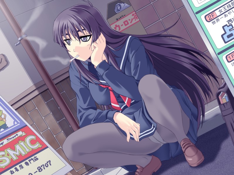 skyhouse, yano etsuko, hana no kioku, game cg, 1girl, blue pantyhose, cigarette, crotch seam, female focus, legs, long hair, panties, panties under pantyhose, pantyhose, pleated skirt, purple hair, school uniform, serafuku, skirt, smoking, solo, spread legs, squatting, underwear, upskirt
