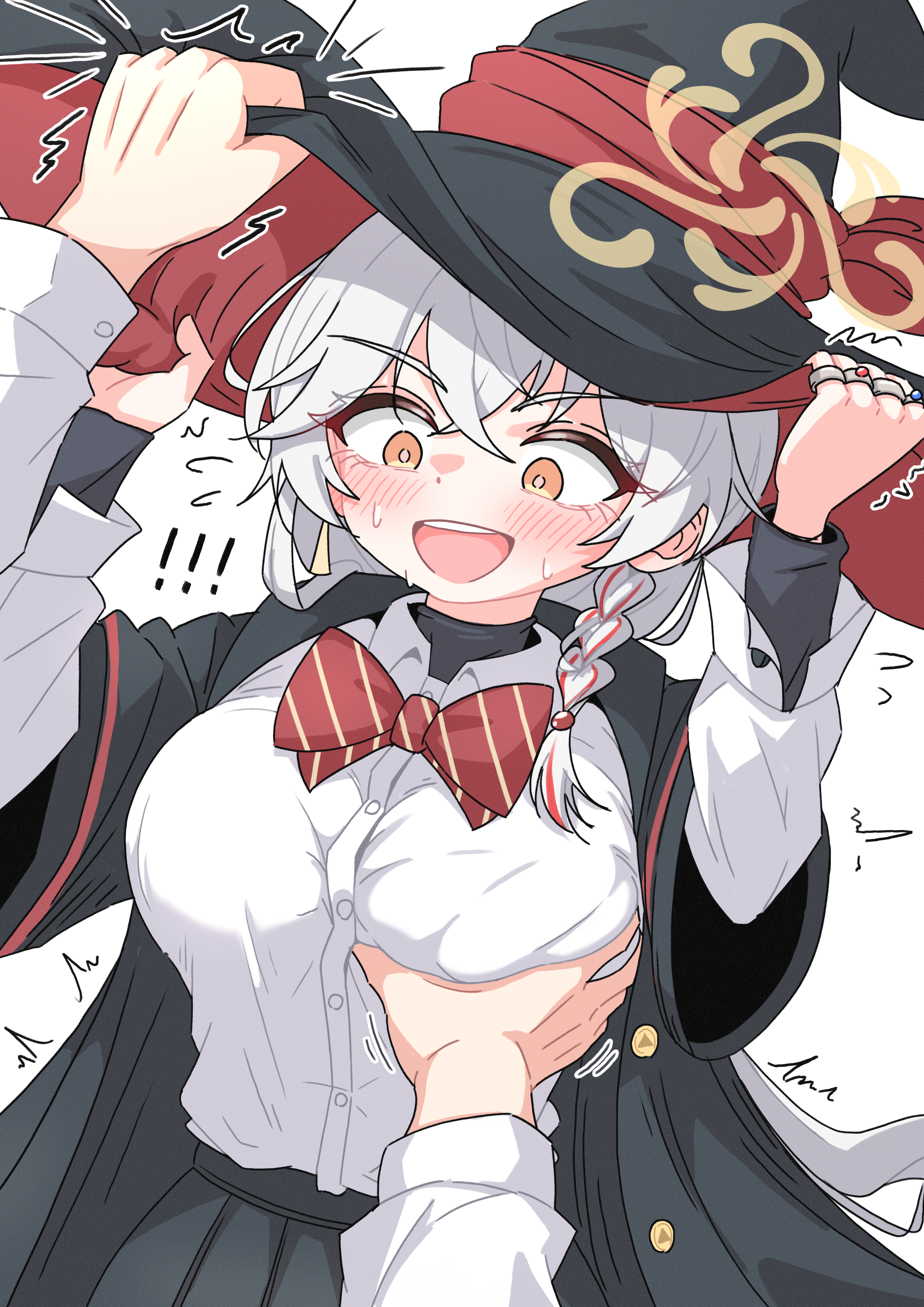 chilong (heronas), eri (blue archive), blue archive, !, !!, 1boy, 1girl, blush, bow, bowtie, braid, embarrassed, grabbing another's breast, groping, groping breast, halo, hat, holding headgear, jacket, long coat, long hair, orange eyes, shirt, skirt, sweater, white hair, witch hat