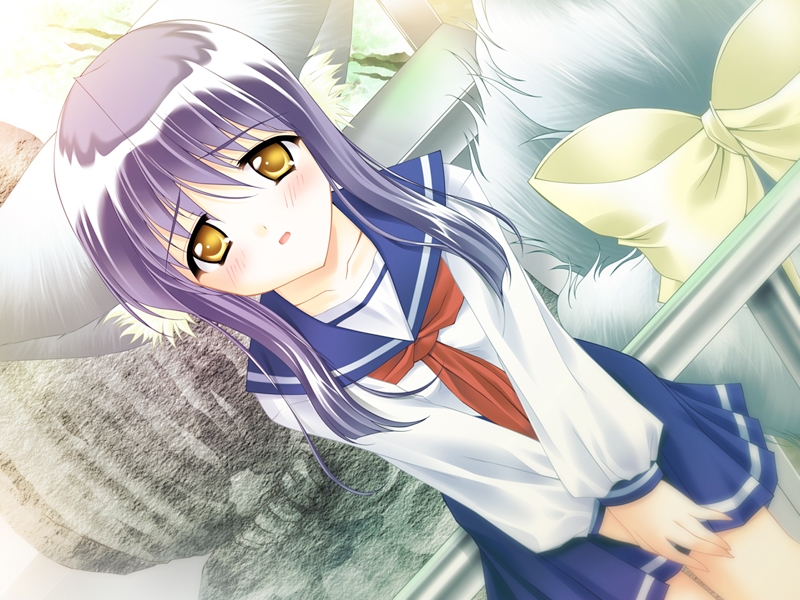 koma, louis&visee, koma (tail tale), tail tale, 1girl, animal ears, blue hair, blush, bow, dutch angle, female focus, fox ears, long hair, pleated skirt, school uniform, serafuku, skirt, solo, tail, yellow eyes