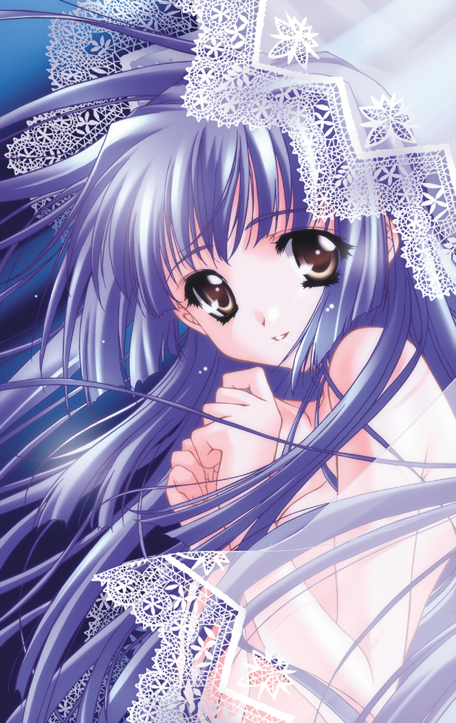 carnelian, kuraki suzuna, kao no nai tsuki, 00s, 1girl, blue background, blue hair, brown eyes, female focus, lace, long hair, nude, see-through clothes, solo, wind