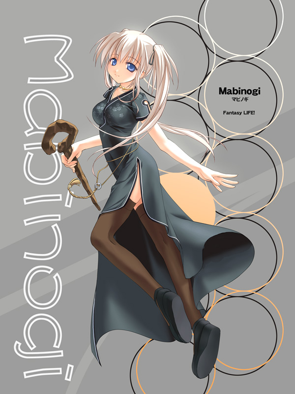 takoyaki (roast), nao (mabinogi), mabinogi, 1girl, brown thighhighs, china dress, chinese clothes, dress, english text, female focus, grey background, solo, staff, thighhighs, twintails