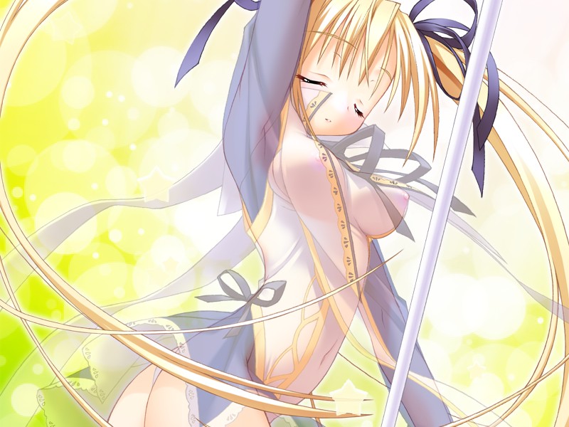 kannagi rei, kururu (princess witches), princess witches, game cg, 1girl, ass, blonde hair, breasts, closed eyes, female focus, hair ribbon, long hair, nipples, ribbon, see-through clothes, solo, staff, twintails, very long hair