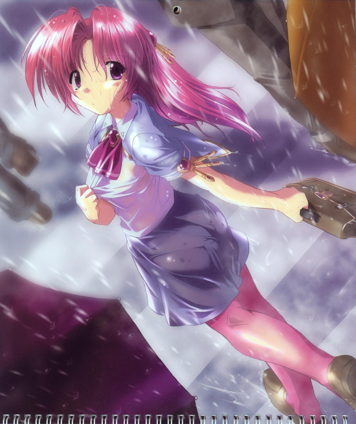 komatsu eiji, miyama yuuna, maburaho, highres, scan, 00s, 1girl, bag, female focus, pantyhose, pink hair, purple eyes, rain, school bag, school uniform, serafuku, shirt, skirt, solo, wet, wet clothes, wet shirt