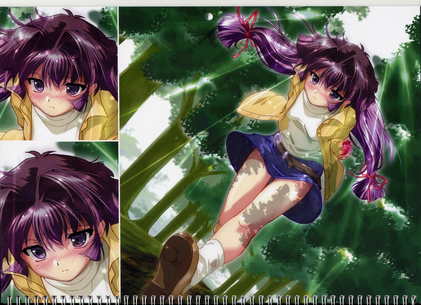 komatsu eiji, kamishiro rin, maburaho, white legwear, highres, scan, 00s, blouse, dappled sunlight, day, hair between eyes, multiple views, outdoors, purple eyes, purple hair, shirt, socks, sunlight, white shirt