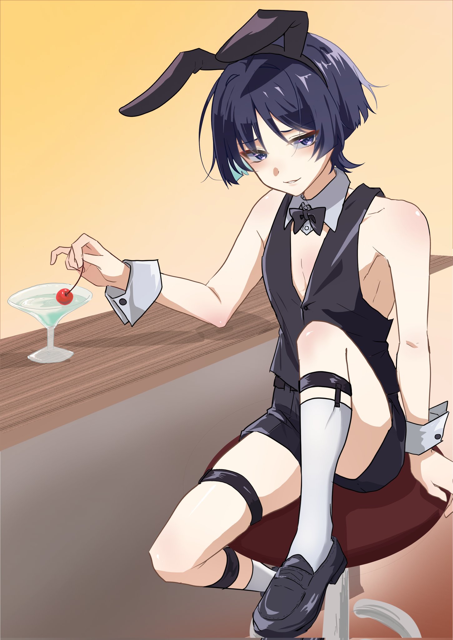 purinigax, scaramouche (genshin impact), genshin impact, highres, 1boy, animal ear hairband, animal ears, aqua hair, arm at side, arm support, armpit crease, black bow, black bowtie, black hair, black hairband, black shoes, black shorts, black vest, blunt ends, bow, bowtie, bunny day, collar, colored inner hair, detached collar, eyeliner, eyeshadow, fake animal ears, food, fruit, glass, hairband, holding, holding cherry, holding food, holding fruit, looking at viewer, makeup, male focus, male playboy bunny, multicolored hair, parted lips, pectoral cleavage, pectorals, purple eyes, rabbit ears, red eyeliner, red eyeshadow, shoes, shorts, sitting, smile, socks, solo, swivel chair, thigh strap, vest, white collar, white mouth, white socks, white wrist cuffs, wispy bangs, wrist cuffs