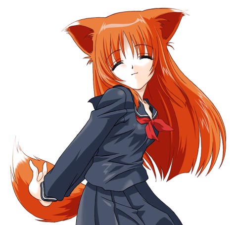 hana, umekichi, hana (ukagaka), mozilla firefox, os-tan, ukagaka, lowres, 1girl, animal ears, black serafuku, black skirt, closed eyes, female focus, fox ears, fox tail, pleated skirt, school uniform, serafuku, simple background, skirt, smile, solo, tail, white background