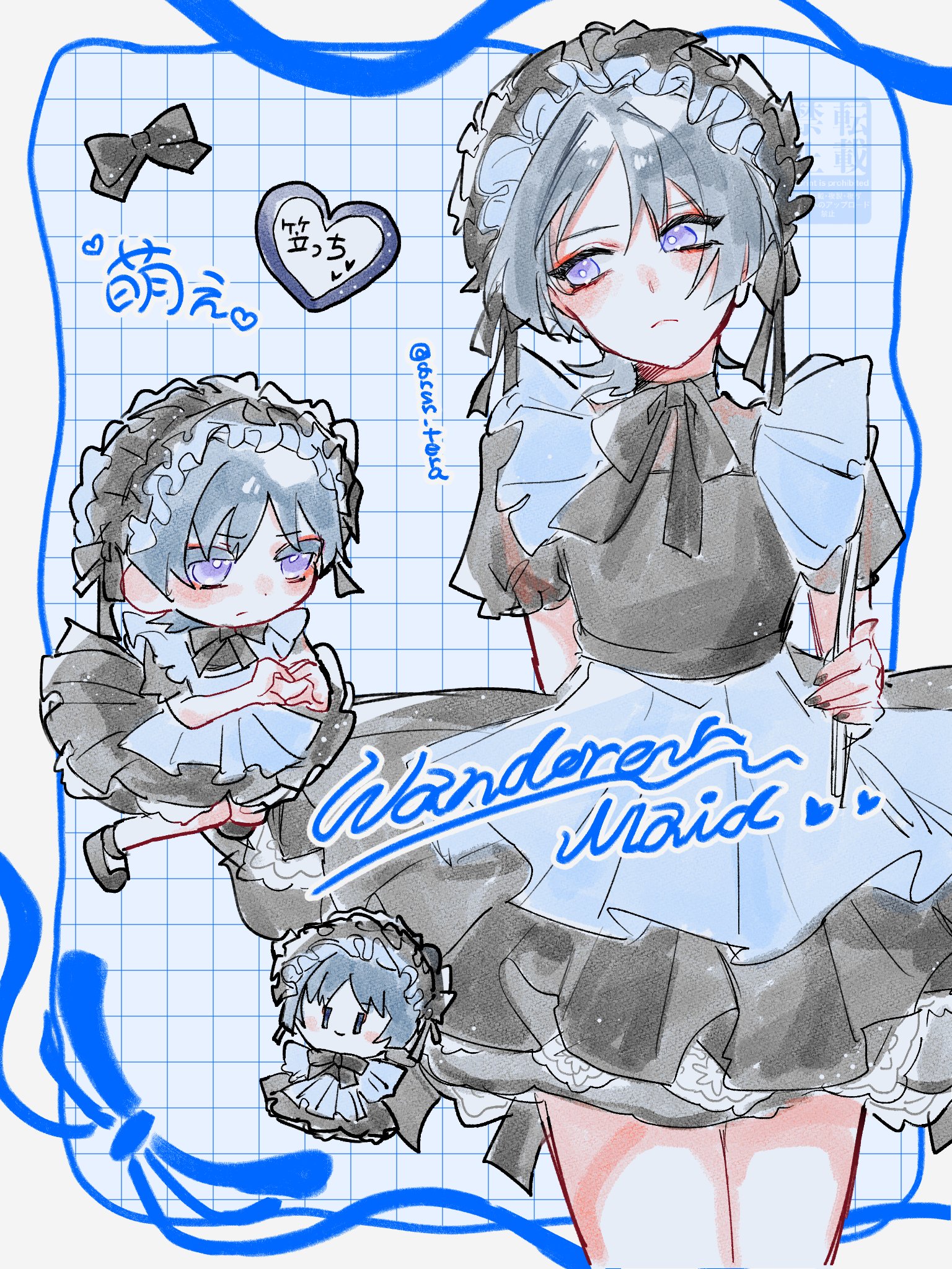 gnsn tera, scaramouche (genshin impact), wanderer (genshin impact), genshin impact, highres, 1boy, alternate costume, apron, arm behind back, black bow, black dress, black hairband, black nails, black shoes, black sleeves, border, bow, bright pupils, character doll, character name, checkered background, chibi, closed mouth, crossdressing, crossdressing (mtf), doll, dress, enmaided, eyeliner, eyeshadow, frilled hairband, frills, grey hair, hair bow, hairband, heart, heart hands, holding, juliet sleeves, lolita hairband, long sleeves, looking to the side, maid, maid apron, makeup, male focus, puffy sleeves, purple eyes, red eyeliner, red eyeshadow, shoes, short sleeves, solo, tsurime, twitter username, waist apron, white border, white pupils