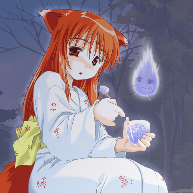 hana, umekichi, hana (ukagaka), suke (ukagaka), ukagaka, 1girl, animal ears, female focus, food, fox ears, hair between eyes, hitodama, japanese clothes, kimono, legs together, obi, sash, shaved ice, solo, tail, yukata