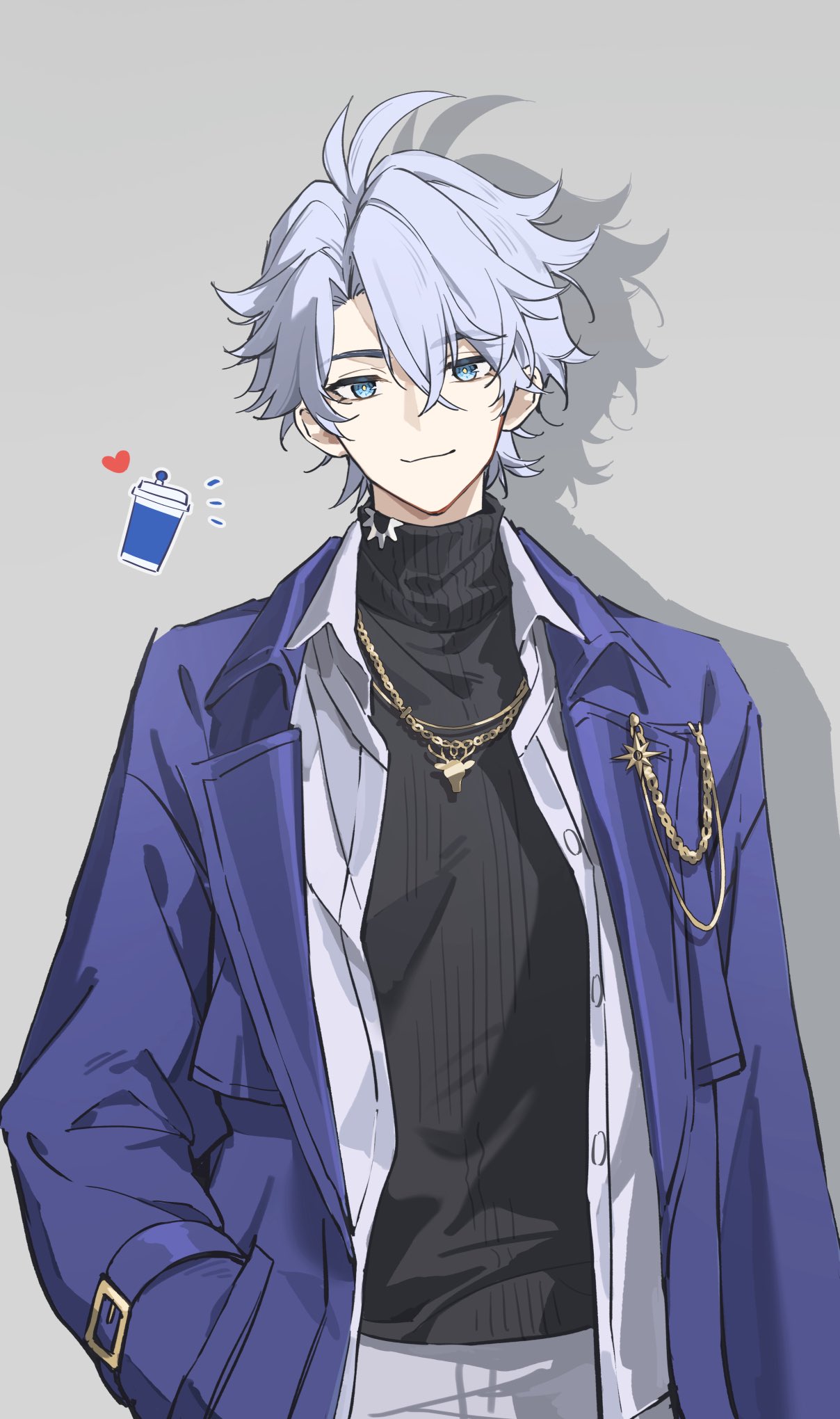 hei lang, phainon (honkai: star rail), honkai: star rail, honkai (series), highres, 1boy, black sweater, blue eyes, closed mouth, coat, cup, grey background, grey hair, hair between eyes, hand in pocket, looking at viewer, male focus, official alternate costume, open clothes, open coat, pants, parted bangs, phainon (luckin coffee) (honkai: star rail), purple coat, shadow, shirt, short hair, simple background, smile, solo, sweater, white pants, white shirt