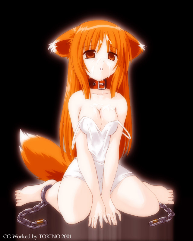 hana, tokino, hana (ukagaka), mozilla firefox, os-tan, ukagaka, 1girl, animal ears, barefoot, breasts, collar, cum, cum on body, facial, female focus, fox ears, fox tail, orange hair, red hair, sitting, solo, tail, wariza