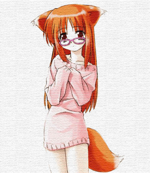 hana, umekichi, hana (ukagaka), ukagaka, 1girl, animal ears, bespectacled, bottomless, closed mouth, dot mouth, female focus, fox ears, fox tail, glasses, naked sweater, no pants, solo, sweater, tail