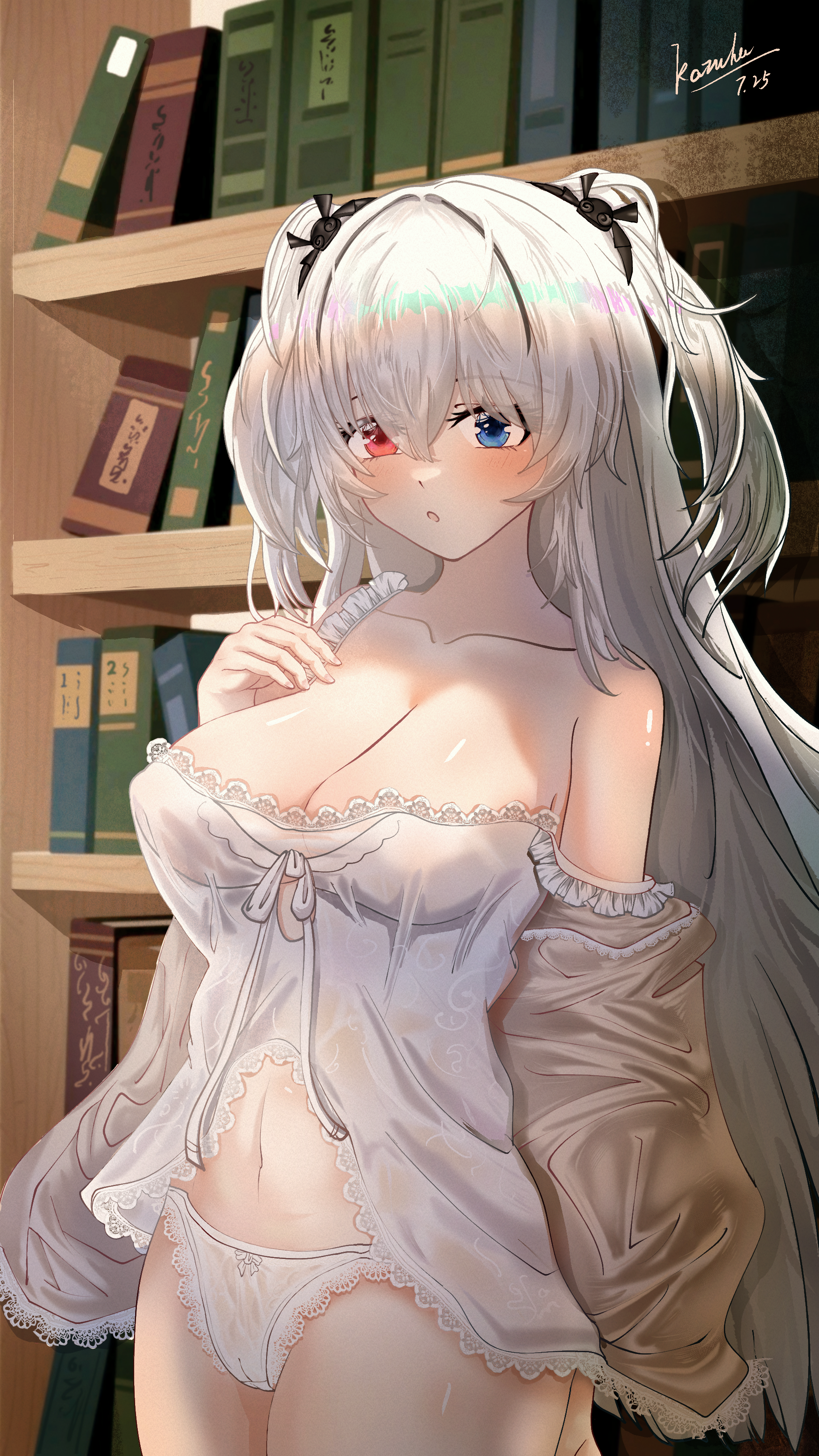 elbing (azur lane), elbing (sleepless night's wishes) (azur lane), azur lane, absurdres, highres, 1girl, babydoll, blue eyes, breasts, cameltoe, cleavage, clothing cutout, dress, grey hair, heterochromia, lace, lace-trimmed dress, lace-trimmed panties, lace trim, large breasts, li hanhe, long hair, looking at viewer, nightgown, panties, red eyes, solo, two side up, underboob cutout, underwear, very long hair, white babydoll, white hair, white nightgown, white panties