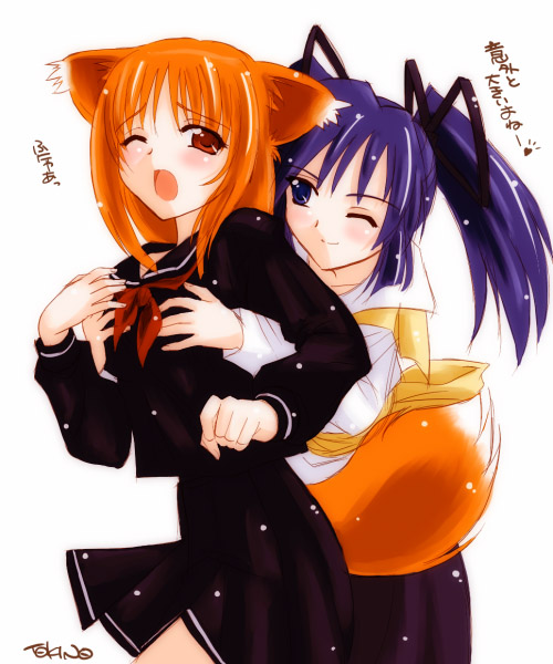 hana, tokino, hana (ukagaka), kuro (ukagaka), ukagaka, 2girls, animal ears, breasts, fox ears, fox tail, grabbing another's breast, groping, multiple girls, one eye closed, pleated skirt, school uniform, serafuku, skirt, small breasts, tail, twintails, yuri
