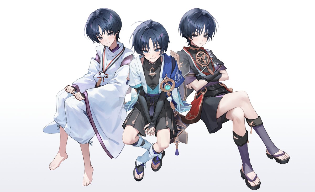 toria (toriaa 27), scaramouche (genshin impact), scaramouche (kabukimono) (genshin impact), wanderer (genshin impact), genshin impact, 3boys, ahoge, anemo symbol (genshin impact), aqua gemstone, armor, barefoot, belt, black belt, black bodysuit, black bow, black bridal gauntlets, black eyes, black hair, black kimono, black sandals, black shorts, black sleeves, blue cape, blue kimono, blue sleeves, blunt ends, blush, bodysuit, bow, bridal gauntlets, bridal legwear, cape, clenched hands, closed mouth, clothing cutout, covered collarbone, crossed arms, crossed legs, feathers, full body, furisode, gem, gold, gold ring, gold trim, hair intakes, hakama, hakama shorts, hand between thighs, hands on own thighs, japanese armor, japanese clothes, jewelry, juban, kariginu, kimono, kote, kurokote, layered sleeves, leg warmers, long sleeves, looking at viewer, middle ring, mitsudomoe (shape), multiple boys, multiple persona, neck ring, o-ring, open clothes, open kimono, pants, parted bangs, pleated shorts, pom pom (clothes), purple kimono, purple rope, purple sash, purple sleeves, red kimono, rope, sandals, sash, shimenawa, short sleeves, shorts, shoulder cutout, shoulder peek, side-by-side, single sode, sitting, smile, smirk, stirrup legwear, string, tassel, toeless legwear, toenails, toes, tomoe (symbol), vision (genshin impact), white background, white kimono, white leg warmers, white pants, white rope, white sleeves, white trim, wide sleeves, yellow feathers, zouri