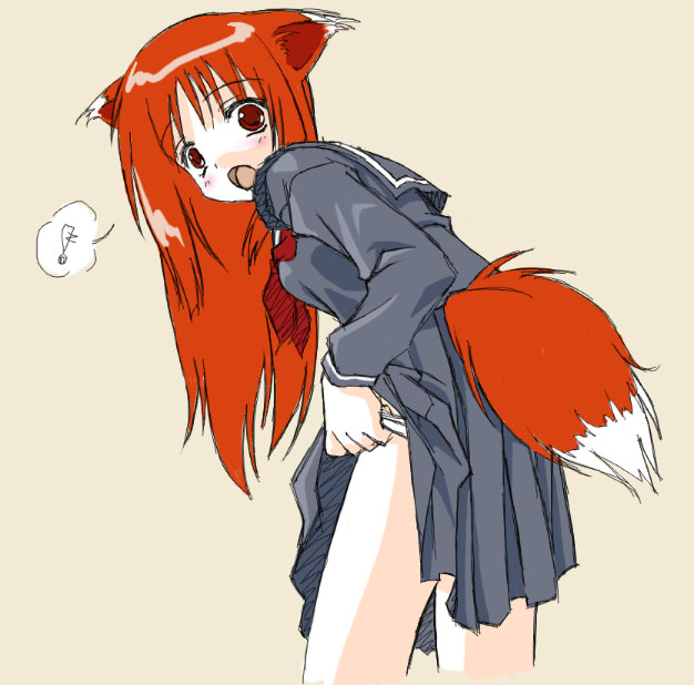 hana, hana (ukagaka), original, ukagaka, !, 1girl, animal ears, female focus, fox ears, fox girl, fox tail, long hair, looking at viewer, looking back, orange hair, pleated skirt, school uniform, serafuku, simple background, skirt, solo, spoken exclamation mark, tail