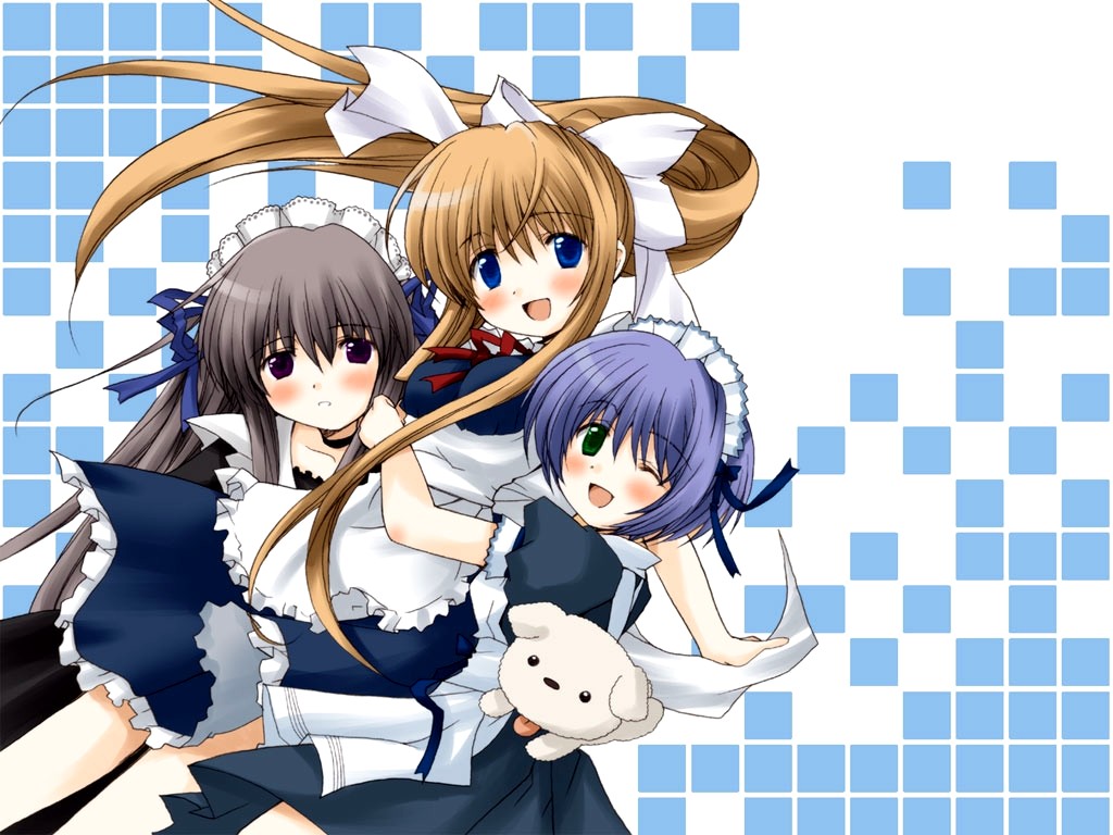 patoto, kamio misuzu, kirishima kano, potato (air), toono minagi, air (visual novel), 00s, 3girls, alternate costume, black hair, blonde hair, blue eyes, bonnet, dog, enmaided, green hair, high ponytail, long hair, maid, maid headdress, multiple girls, ponytail, potato, short hair, very long hair